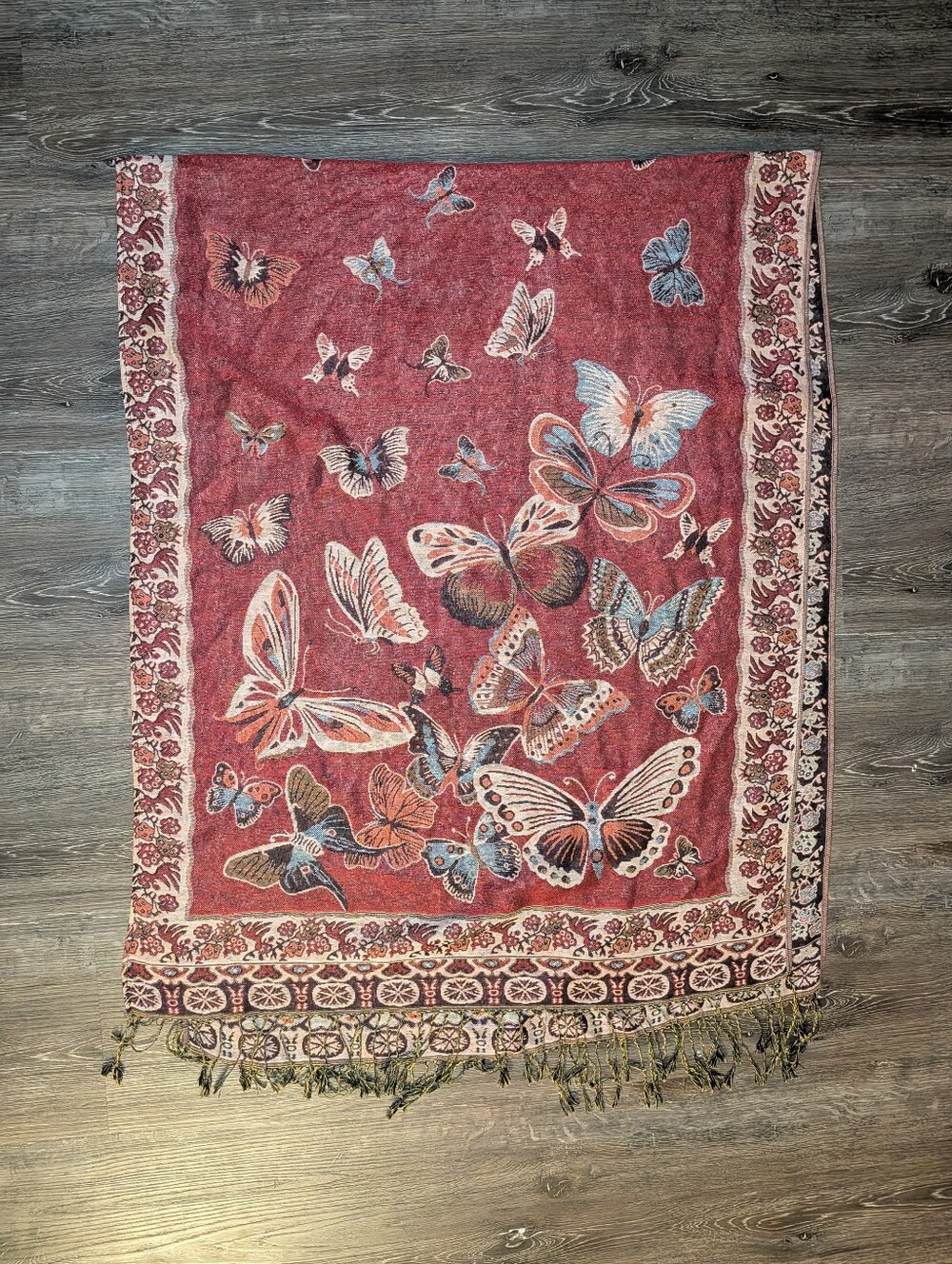 Vintage Multicolor Butterfly Print Tassel Scarf